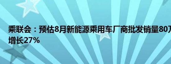 乘联会：预估8月新能源乘用车厂商批发销量80万辆，同比增长27%