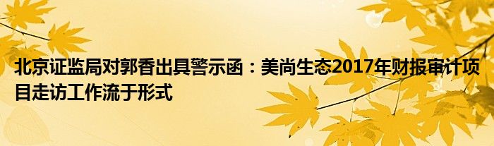 北京证监局对郭香出具警示函：美尚生态2017年财报审计项目走访工作流于形式